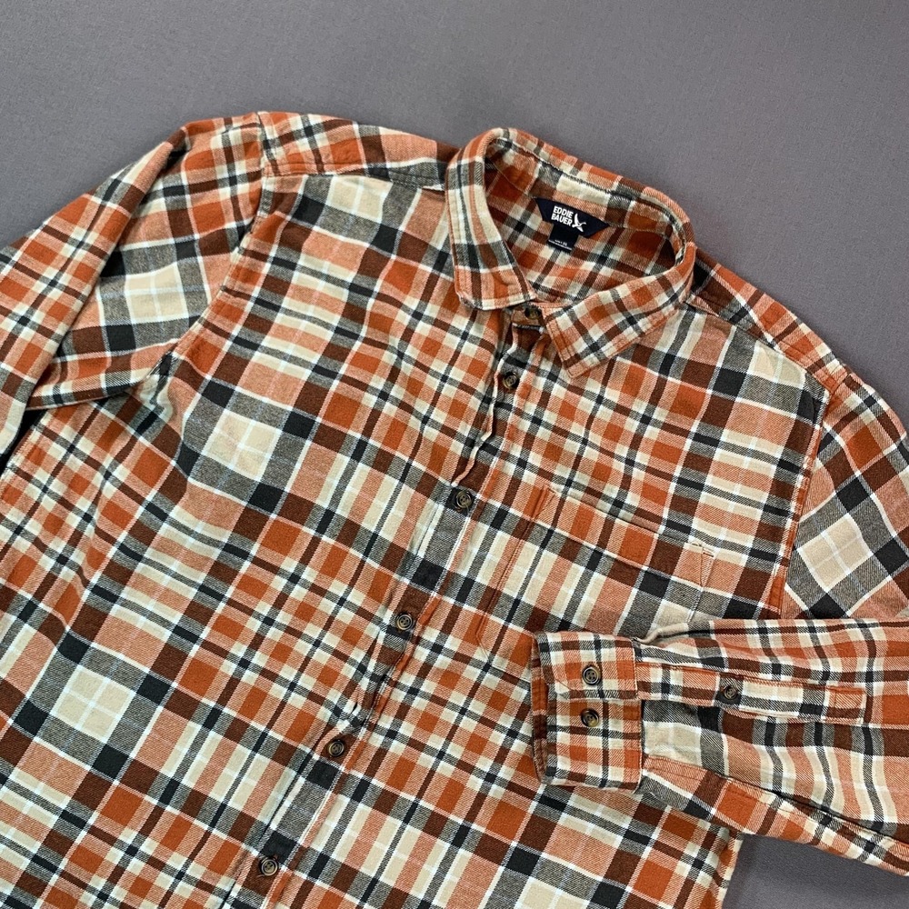 Eddie Bauer Shirt Mens XL Orange Brown Plaid Cotton Flannel Long‎ Sleeve Casual